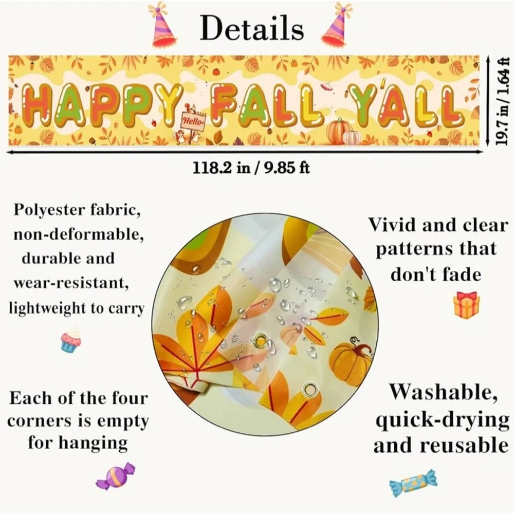 Happy Fall Y'all Banner, Hello Fall Banner, 118 x 19, Fall Outdoor Decorations,